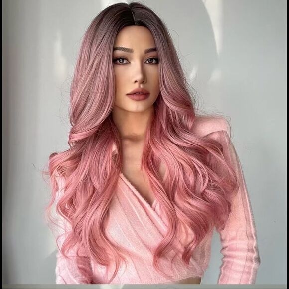 🔥🔥 Blonde unicorn pink curly long 26 inch wig ,darker roots as seen in pics. - Picture 3 of 9
